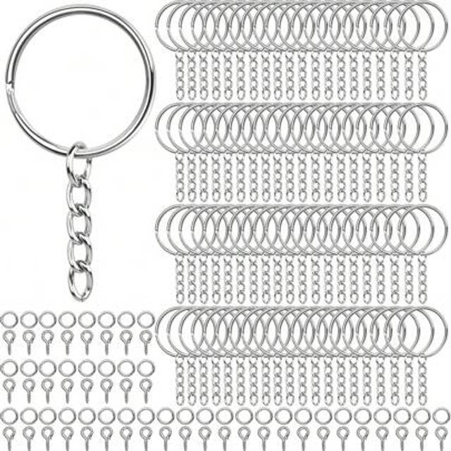 SHEIN 300pcs Key Rings, 100pcs 25mm Keychain With Chains, 100pcs Split Rings, 100pcs Screw Eye Pins, Suitable For Resin, Crafts And Keychain Making, Car Acc