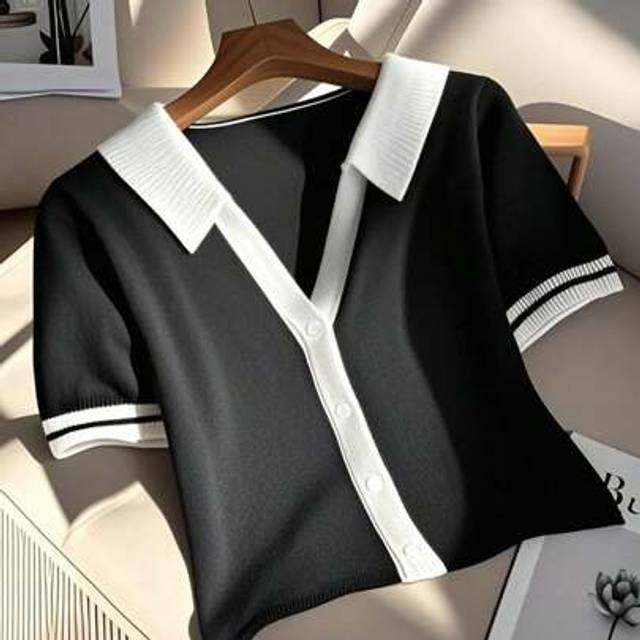 SHEIN Collared V-Neck Fitted Stretch Comfortable Striped Contrast Color Short Cardigan With Buttons For Women,
