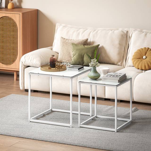 HOMCOM Nest of 2 Side Tables Set of Bedside Tables for Living Room White, White