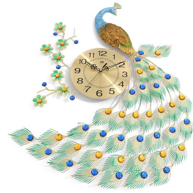 Home Large Metal Peacock Luxury Diamond Wall Mounted Clock Living Room Art Decor
