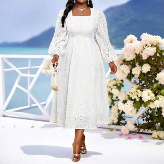 SHEIN Plus Size Elegant Party Solid Color Textured Trumpet Sleeve Fishtail Dress New Year Holiday Outfit Elegant Party White Formal Ladies Lace Dress White