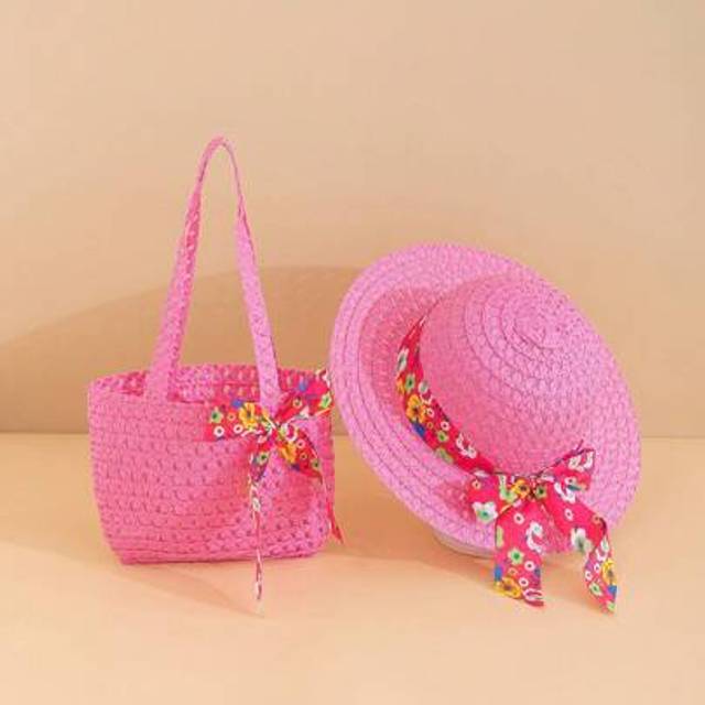 SHEIN 2pcs/Set Girls Straw Bucket Hat & Straw Bow Shoulder Bag, Suitable For Girls Spring & Summer Outings, Daily Wear, Sun Protection