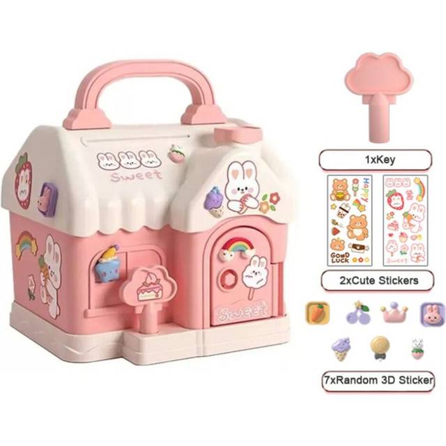 (Pink) New House-Shaped Money Box Plastic Safe Bank Toy Coin Saving Box Key Lock Portable Coin Bank Kids Gift