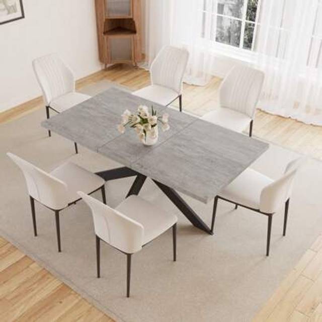 SHEIN Stylish 7-Piece Extendable Dining Set With 6 Padded Chairs â Carbon Steel & MDF, Combining Elegance And Durability