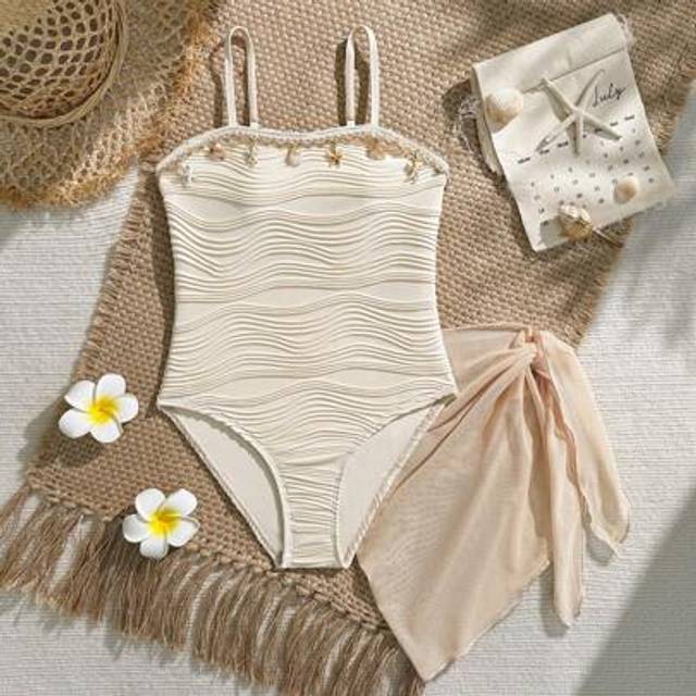 SHEIN Tween Girls One-Piece Swimsuit With Special Textured Fabric & Mesh Skirt, Suitable For Beach, Pool, Casual Vacation, Spring/Summer Seashell Bathing Su