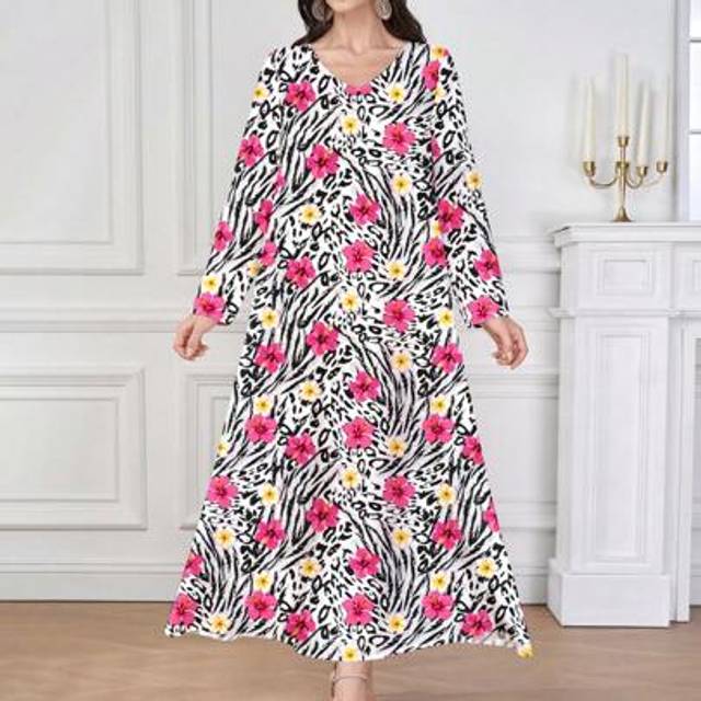 SHEIN Women&#39;s V-Neck Long Sleeve Flowy Dress With Elegant Floral Print, Abstract Animal Pattern (Leopard, Tiger) In Black And White With Vibrant Pink Floral