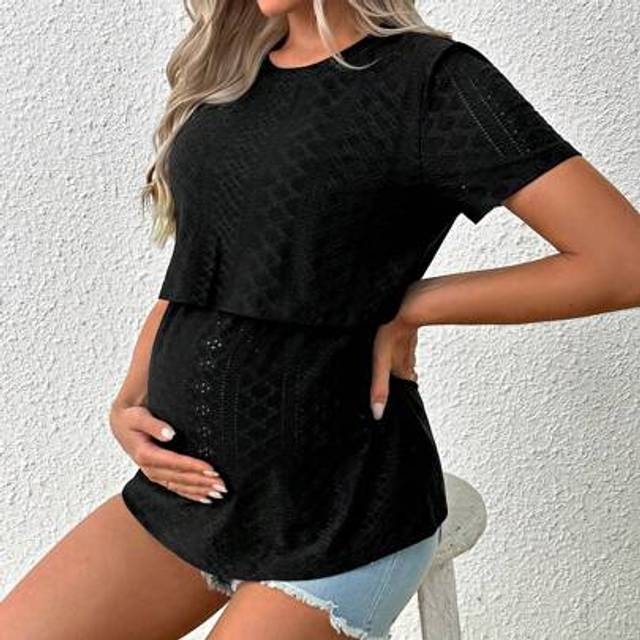SHEIN Maternity Nursing Clothing Simple Round Neck Schiffy T-Shirt For Home Wear