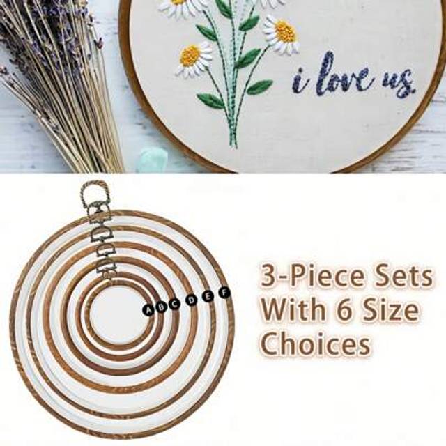 SHEIN 3PCS Vintage Round Embroidery Hoop Frame Kit â Brown Wood Grain Design, ABS/PVC Material, 6 Sizes For DIY Cross-Stitch, Needlework & Wall Decor â