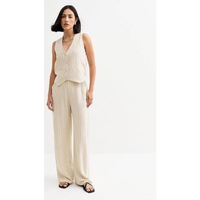 Blue Vanilla Off White Linen Pinstripe Drawstring Trousers In Cream