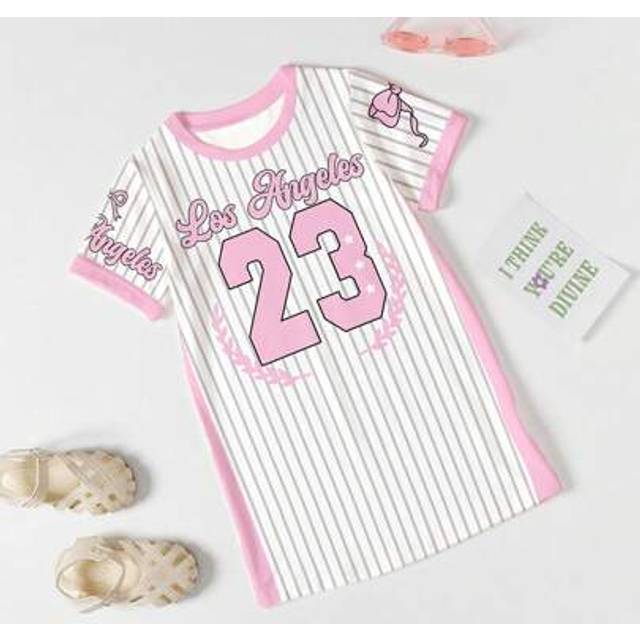 SHEIN Girls Casual Fashion Creative LA 23 Striped Slogan Graphic Print Short Sleeve T-Shirt Dress, Sibling Outfits Matching Outfits (2 Pieces Sold Separatel