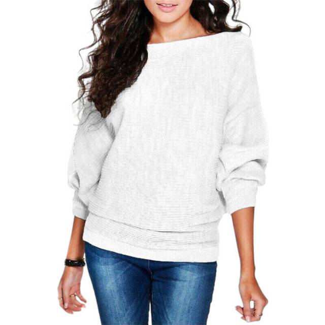 (White, L) Womens Batwing Sleeve Knitted Thin Sweater Ladies Casual Baggy Solid Jumper Tops