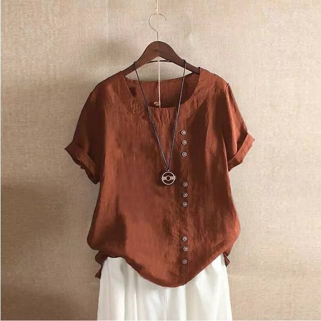 (Brown, 4XL) Women Cotton Linen Button Blouse Summer Female O-Neck Short Sleeve Solid Shirt Tops WYLP-M03