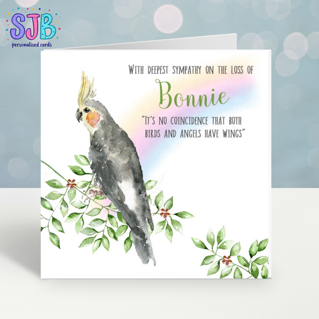 Personalised pet cockatiel bird loss card, rainbow bridge sympathy card, parrot