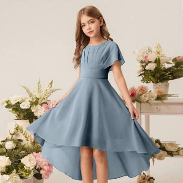 SHEIN Flower Girl/Junior Bridesmaid A-Line Asymmetric Hem Chiffon Short Dress, Suitable For Weddings, Birthdays, Parties And Performances