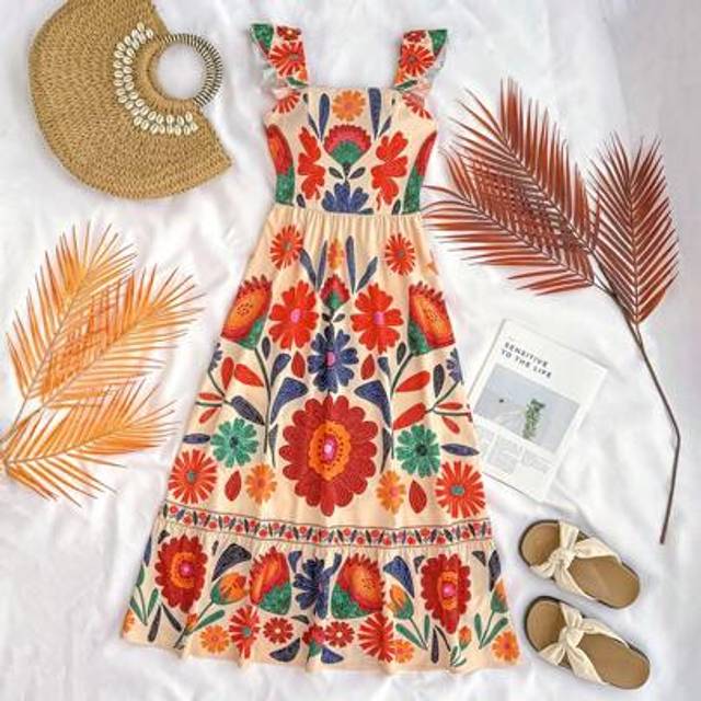 SHEIN Teen Girl Floral Print Square Neck Cap Sleeve Maxi Dress, Summer Dress Floral Sundress Sundresses For Women Bright Floral Dress Vacation Dresses