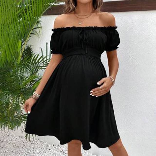 SHEIN Maternity Summer Puff Sleeve Off Shoulder Dress With Frill Ruffle