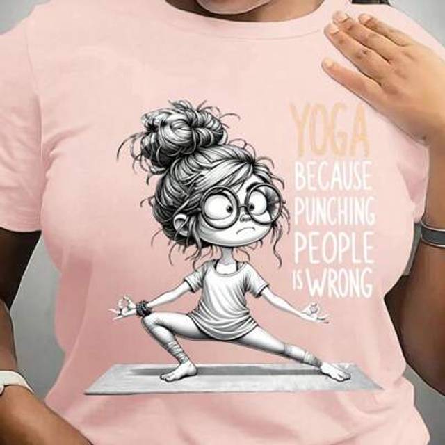 SHEIN Plus Size Women&#39;s Yoga Pattern Slogan T-Shirt, Fun Printed Short Sleeved Round Neck Casual Top, Spring And Summer