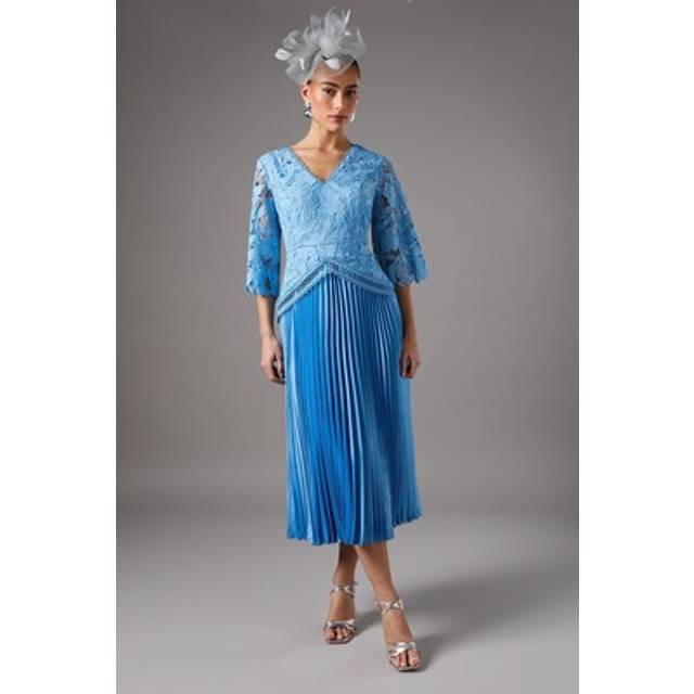 Coast Lace Top Pleat Skirt Dress In Blue - blue - 8