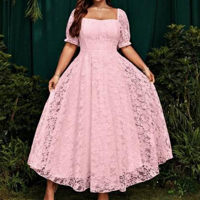 SHEIN Plus Size Women White Lace Short Sleeve Party Dress, Wedding