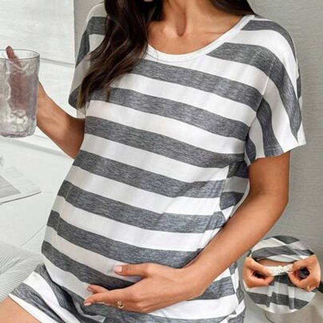 SHEIN Striped Printed Casual Maternity Pajamas Set