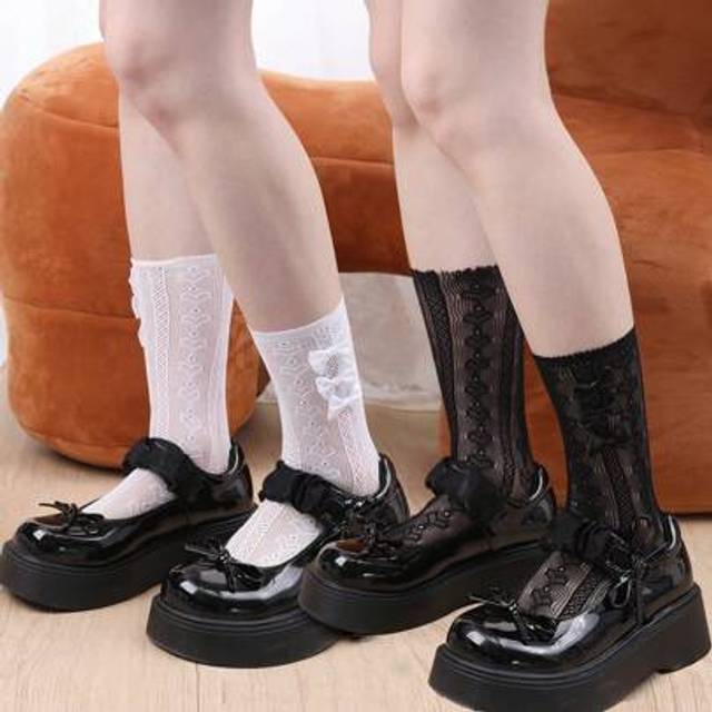 SHEIN 2 Pairs Baby Girls&#39; Sweet Cute Lace Bow Heart Jacquard Mesh Knee-High Socks, Suitable For Girls To Wear In Summer