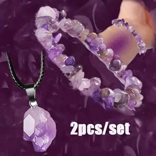 SHEIN Healing Crystal Amethyst Necklace And Bracelet Set - Natural Gemstone Energy Jewelry For Men And Women - Perfect Gift For Couples - 2pcs/Set