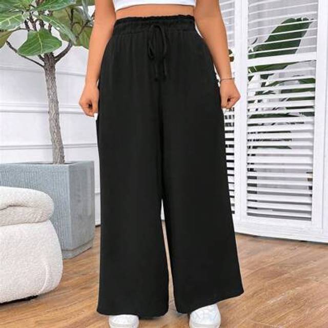 SHEIN Plus Size Women&#39;s Black Ruffle High Waist Loose Wide Leg Solid Pants For Summer