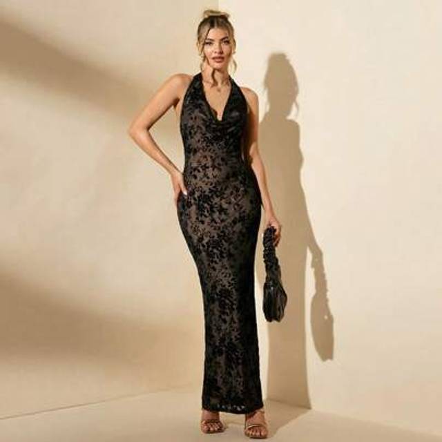 SHEIN Women&#39;s Summer Sexy Flower Flocking Mesh Backless Halter Neck Long Dress