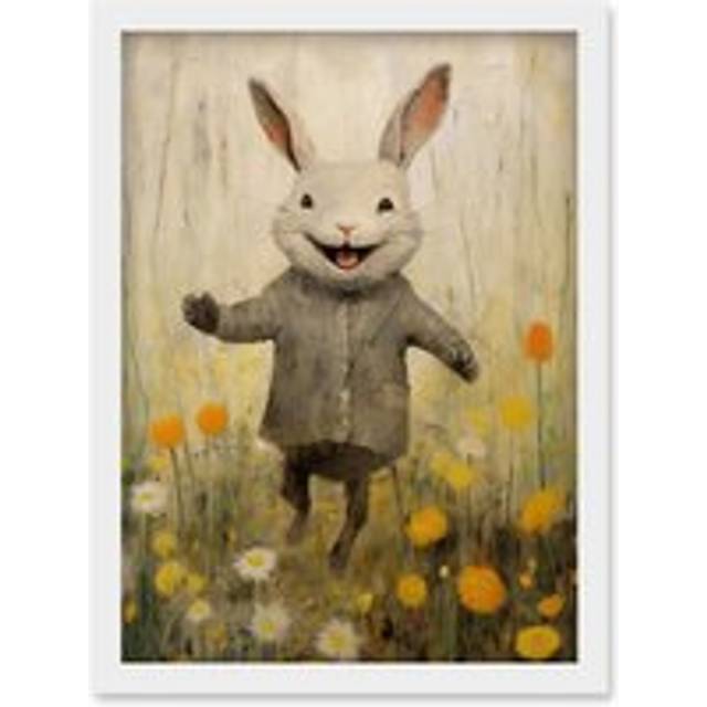 Wall Art Print mac Rabbit Happy Bunny Flower Meadow Kids Girls Bedroom Nursery Artwork Framed A4 - White - A4