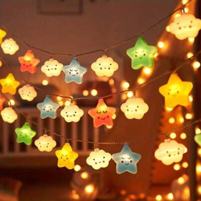 SHEIN 1pc Star LED Fairy Lights, Face Star & Cloud Shaped String Lights, For Baby Room Decoration Birthday Party Holiday Garden Camping Indoor Wedding Home