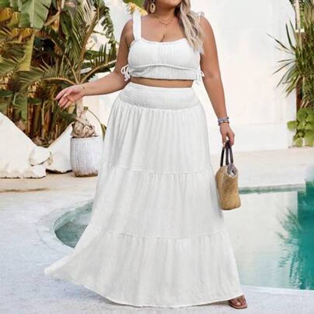 SHEIN Plus Size White Elastic Waist A-Line Skirt, Casual Romantic Holiday Party Wedding Bridesmaid Homecoming Skirt Plus Size Long Skirts 8xl Women Clothes