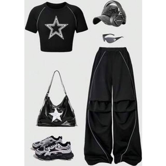 SHEIN HYPEME Kids Tween Girls Summer Street Style Star Pattern Fitted T-Shirt And Striped Decorative Wide Leg Pants 2 Pieces Set, Suitable For Everyday Wear