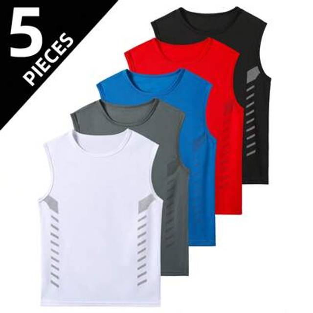 SHEIN 5pcs/Set Teenage Boys&#39; Sleeveless Sports Vests, Lightweight Mesh Material Suitable For Outdoor, Running, Basketball And Football, Fits Ages 13-18 Year