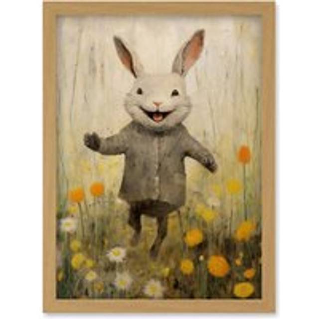 Wall Art Print mac Rabbit Happy Bunny Flower Meadow Kids Girls Bedroom Nursery Artwork Framed A4 - Tan - A4