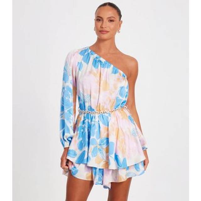 Quiz Women's Blue Floral Print One Shoulder Playsuit New Look - UK 10