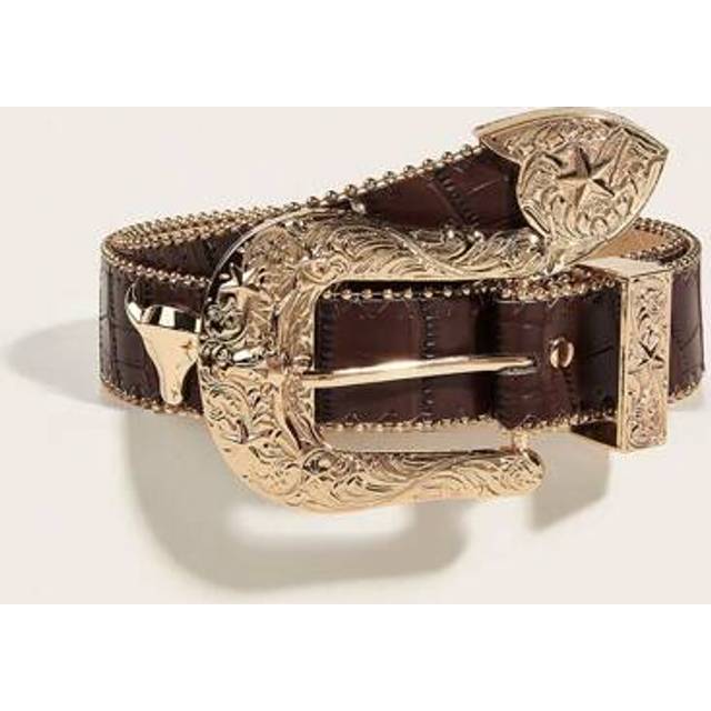 SHEIN 1pc Women&#39;s Brown & Gold 6pcs Ox Head Decor Embossed PU Leather 3pcs Buckle Combo Set For Jeans, Versatile Western Style Belt For Daily Wear Summer, S