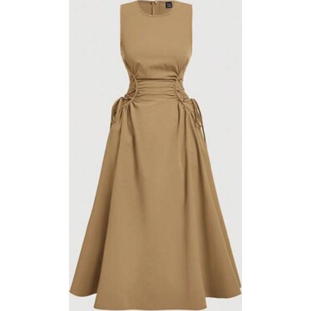 SHEIN Khaki Date Night Side Cross Tie Solid Pleated Dress,Western,Vintage,Back To School,Work