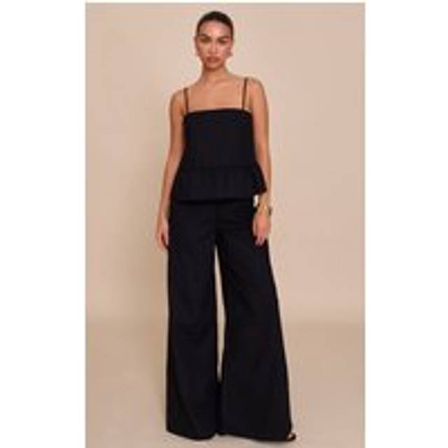 Black Linen Blend Peplum Detail Overlay Jumpsuit, Black - 12