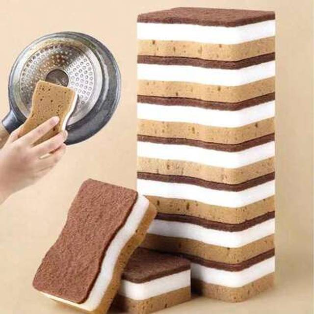 SHEIN 1/5/10pcs Brown Seaweed Shaped Triple-Layer Strong Double-Sided Magic Sponge For Kitchen Cleaning,Kitchen,Bathroom,Home,Household Suppliers
