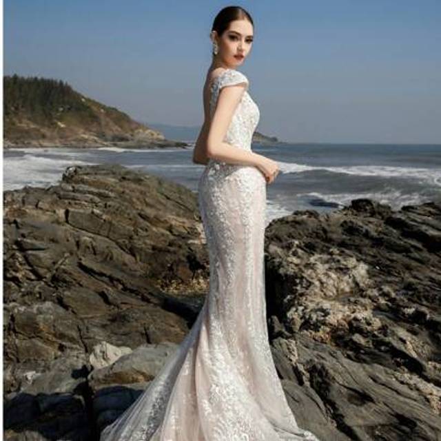 SHEIN HEARBOBO Double V-Neck Cap Sleeve Backless Lace Embroidered Mermaid Wedding Dress With Short Train For Bride