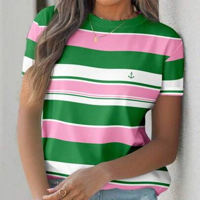 Luneh Plus Size Pink & Green Striped Print Casual Minimalist Summer T-Shirt