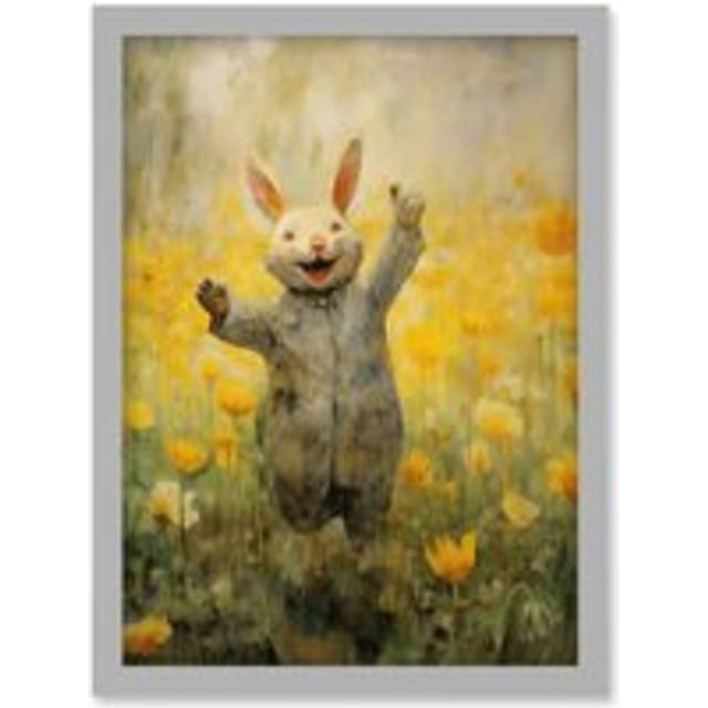 Wall Art Print Tulips and Rabbit Watercolour Fun Kids Baby Nursery Artwork Framed A4 - Grey - A4