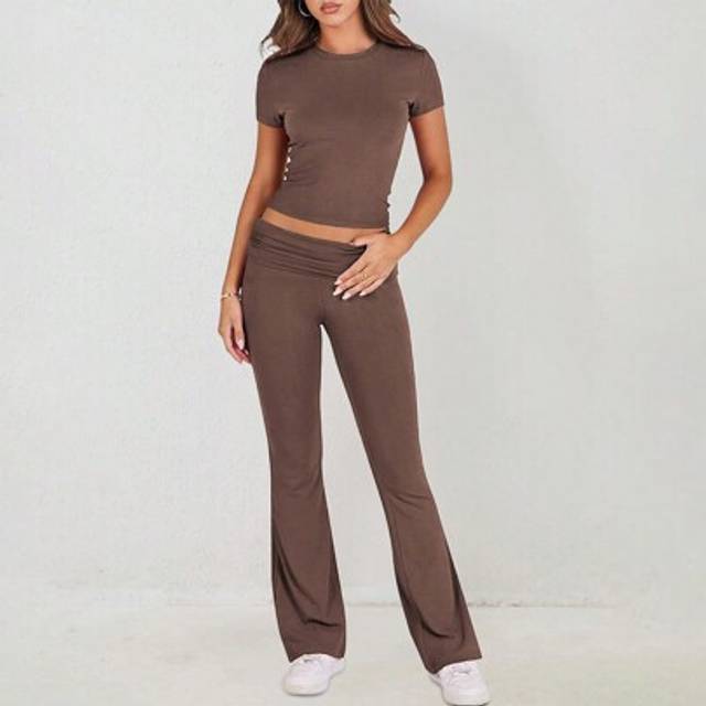 SHEIN 2pcs/Set Athleisure Solid Color Fitted Short Sleeve Top And Flared Pants