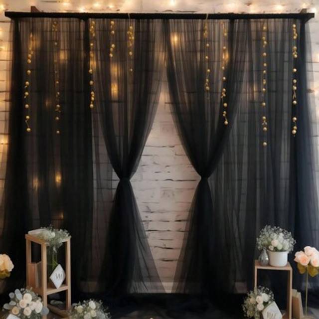SHEIN 1/2pcs Black Tulle Archway Fabric, Party Backdrop Organza Curtain, Wedding Mesh Valance Arch Tulle Curtain, Wedding Party Decor, Background Cloth, Bab