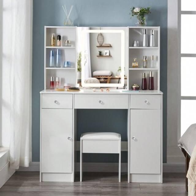 SHEIN Large Dressing Table With Lighted Mirror 5 Drawrers Vanity Makeup Desk, Dressing Vanity Set With Mirror And Stool