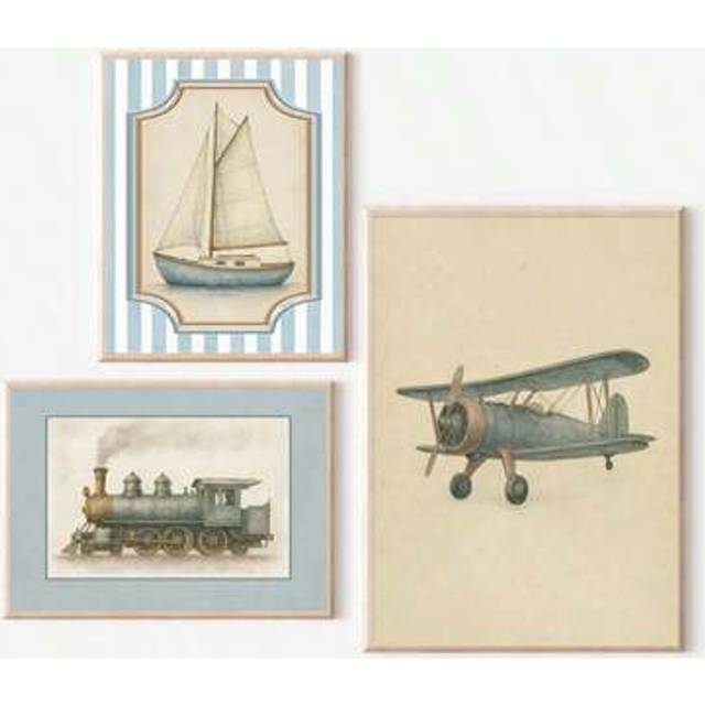 SHEIN Voyager Nursery Wall Art Set - 1 Framed Vintage Transportation Print With Distressed Blue Sailboat/Steam Train/Biplane (Baby Decor Gallery. Vintage Tr