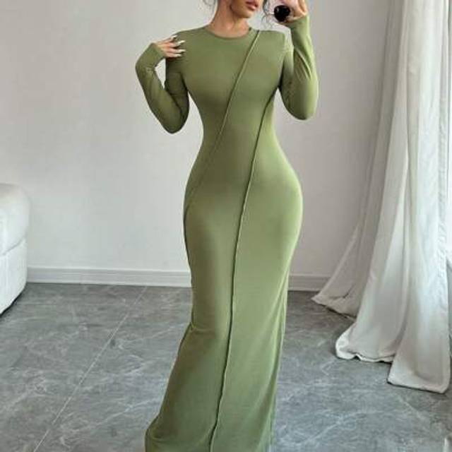 SHEIN Solid Color Exposed Shape Seam Detail Long Sleeved Slim Fish Tail Long Skirt Dress, Casual And Sexy, Suitable For Commuting, Simple, Fashionable, Spic