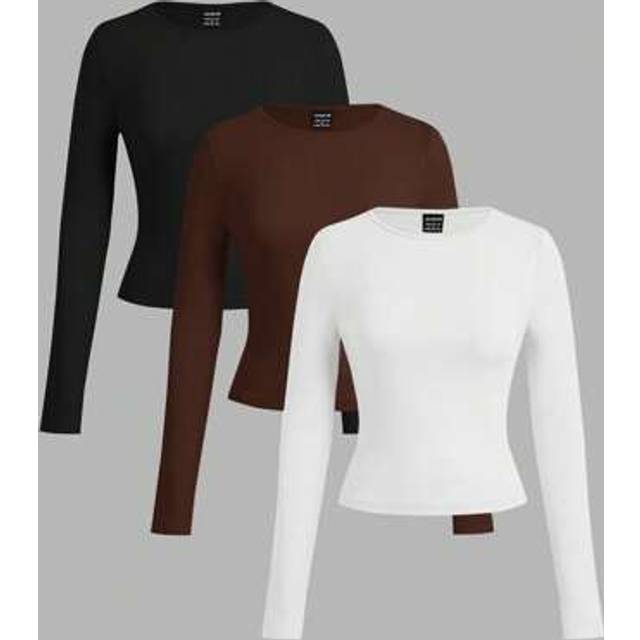 SHEIN 3pcs/Set Women Casual Tight Scoop Neck Long Sleeve T-Shirt Set, Black/White/Brown, Suitable For Summer Autumn And Winter