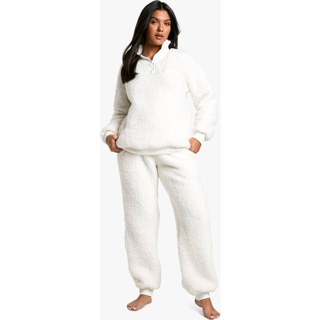 Womens Maternity Rib Fleece Half Zip And Jogger Lounge Set - White - 12