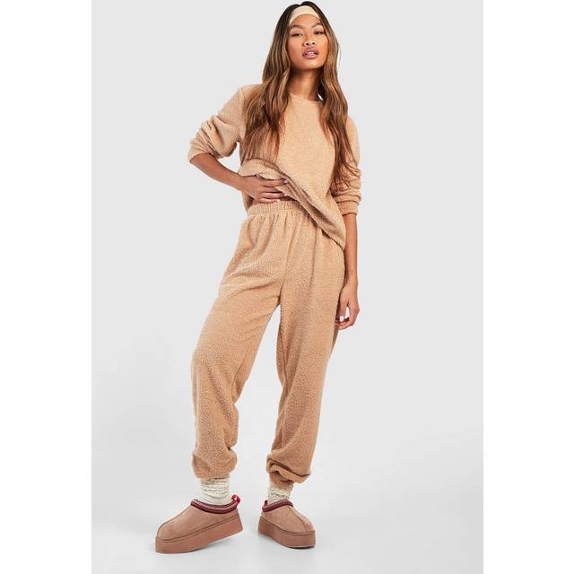 Womens Teddy Fleece Long Sleeve Loungewear Jogger Set - Beige - 10, Beige